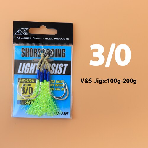 JK Fishing Hooks Sea Glow 1/0 2/0 3/0 4/0 Fish Assist Hook Twins Double Fishery Fishhooks Jig Slow Feather for Fishing Attract: LAT- 3 l 0