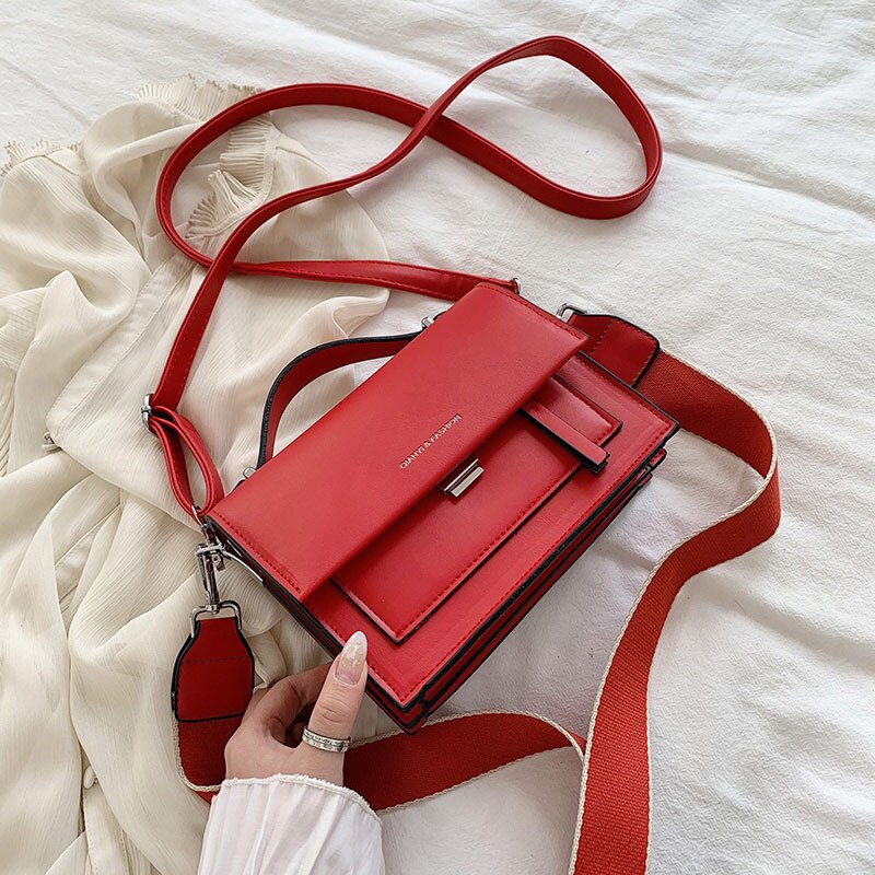 Women's Pu Leather Shoulder Bags With Wide Strap Casual Flap Handbag And Purse Cross Body: red