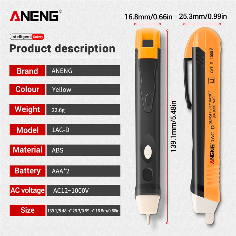 Pluma de prueba sin contacto indicador eléctrico 90-1000V inducción AC lápiz de prueba de potencia voltímetro probador de detección de potencia de la sonda de voltaje: Amarillo