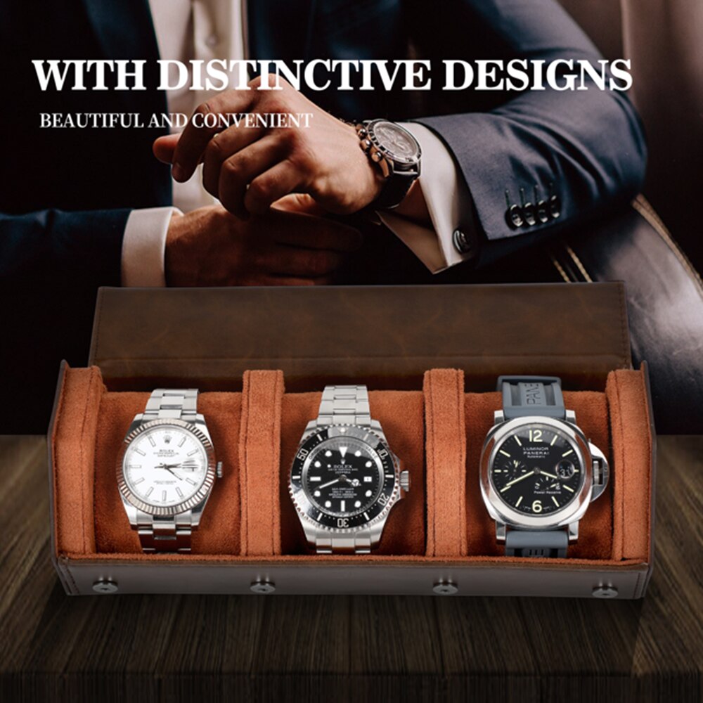 Caja de reloj para hombre, rollo de reloj con 3 ranuras, organizador de almacenamiento y exhibición, accesorio hecho a mano, caja redonda de joyería portátil,