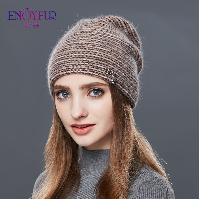 Enjoyfur gebreide wollen muts voor de winter dubbele laag dikke warme zachte damesmuts casual mutsen damesmutsen muts voor dames: 07