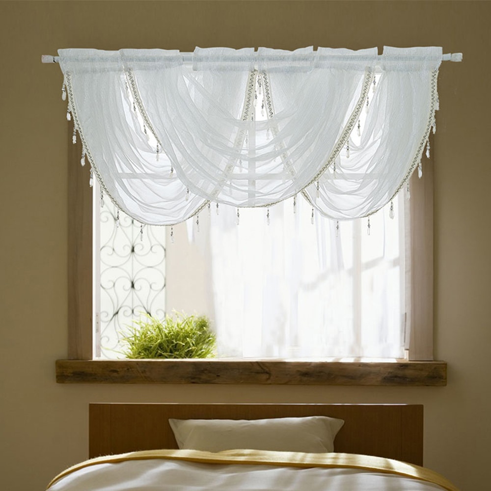 Vandfald valance gardiner sølv silke linje luksus beaded gardin valance ren vindue gardiner til køkken stue