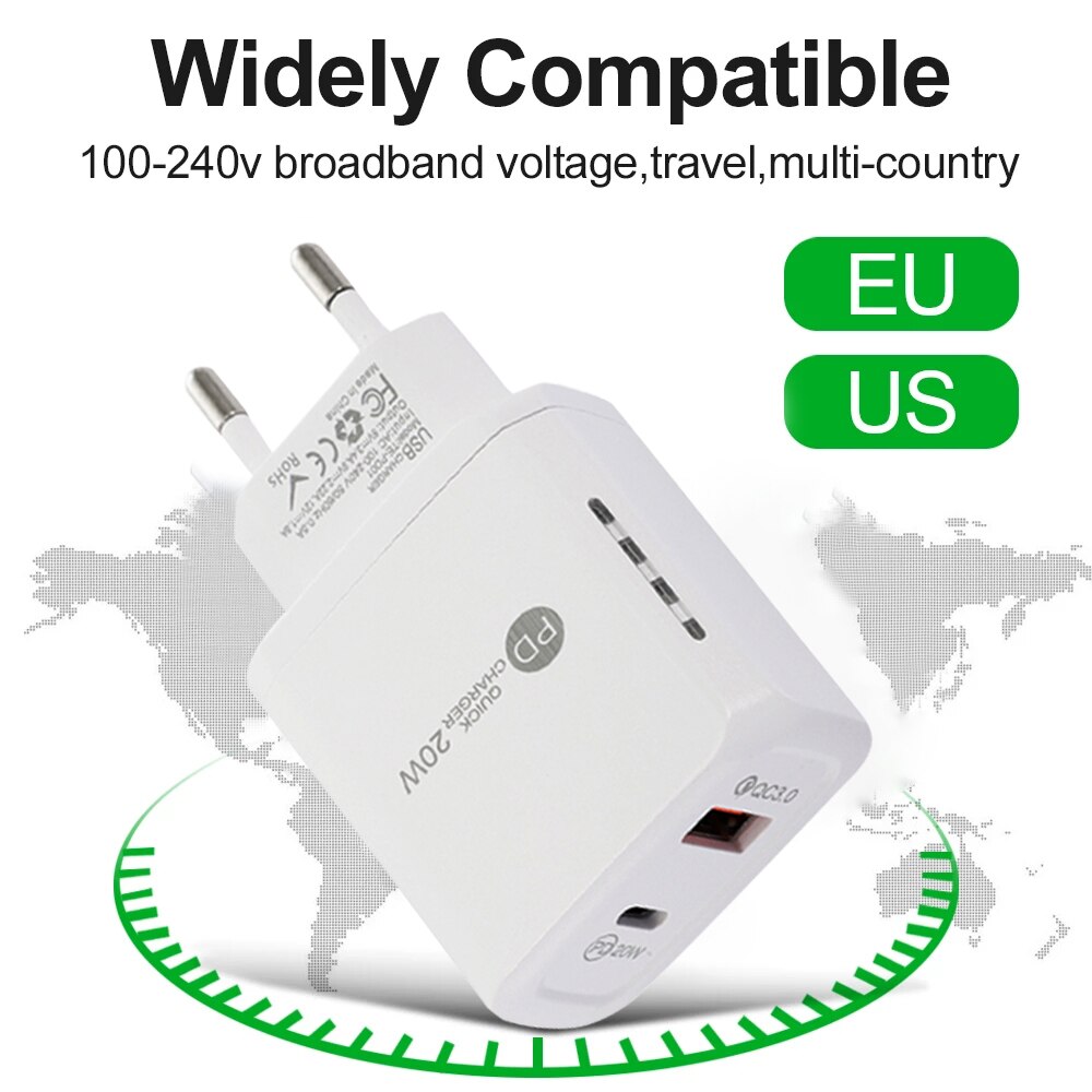 20w- usb-ladegerät, schnellladefunktion für mobiltelefone, standard-reiseladegerät mit us-/eu-stecker, netzteil für iphone, samsung, huawei und lg