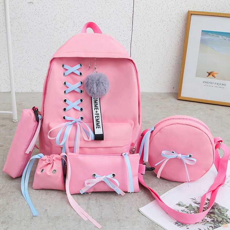 5 pçs/set mulheres mochila adolescente meninas corrente usb sacos de lona mochilas bolsa ombro feminino estudante sacos escola borla