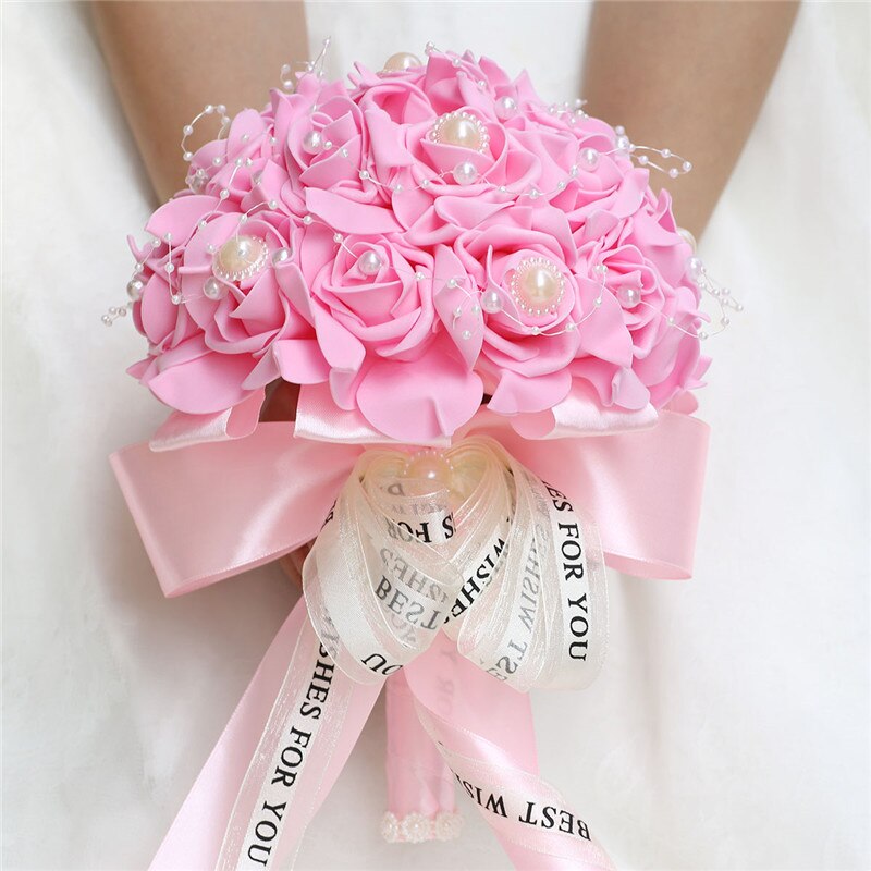 Fleur Rose PE Bouquet demoiselle d'honneur tenant des fleurs mariée ruban De soie Bouquets De Mariage mousse Rose avec perle fête De Mariage W205
