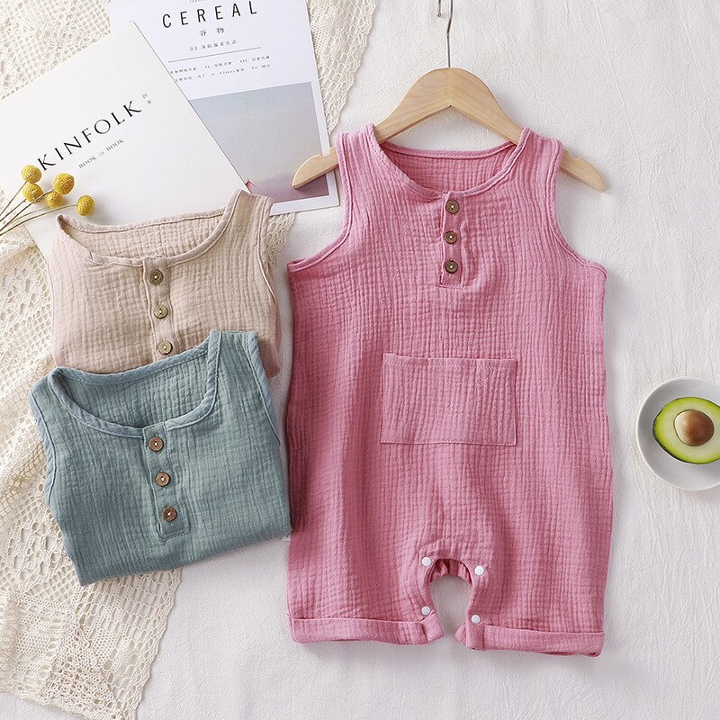 Peleles de verano para niños y niñas, monos sólidos sin mangas de algodón orgánico con botones, monos Unisex para bebé, ropa de una pieza