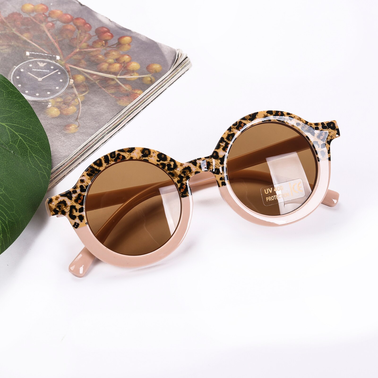 novedad de verano de los niños gafas de sol de marco redondo leopardo gafas anti-UV gafas de sol tonos de gafas para niños: Champán