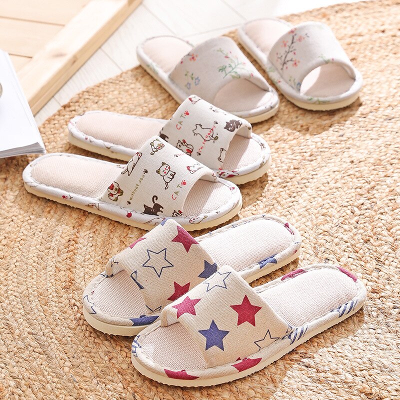 Women Casual Floral Print Indoor Home Slippers Soft Guest Slippers Spring Autumn Foam Bottom Flip Flops Linen Slides Slippers