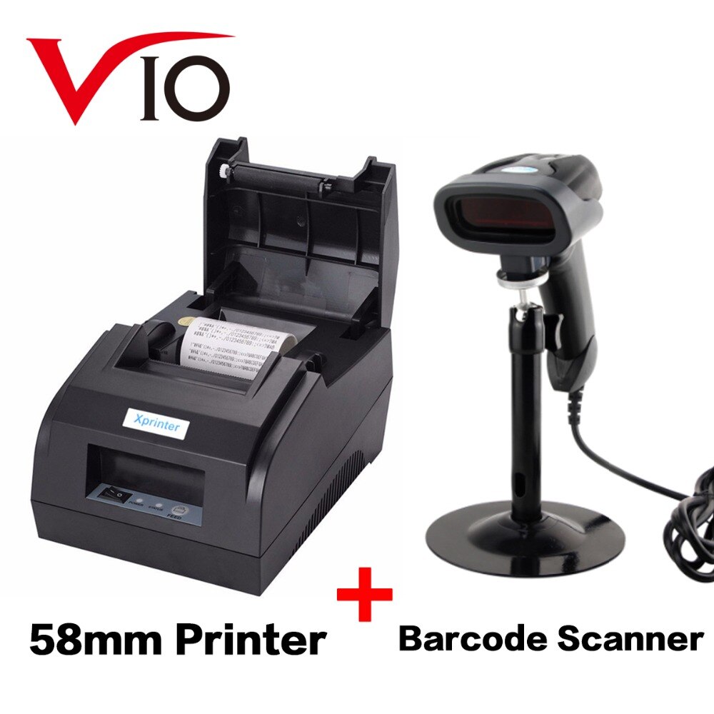 Vio 58mm Thermal Receipt Printer USB Port Black and 1D Wired Barcode Reader Scanner with Stand Free Black