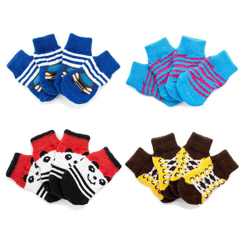 4 unids/set Cute Puppy Dog Shoes calcetines de algodón de punto antideslizantes para perros pequeños y medianos Puppy calcetines para caminar Paw Protector ..
