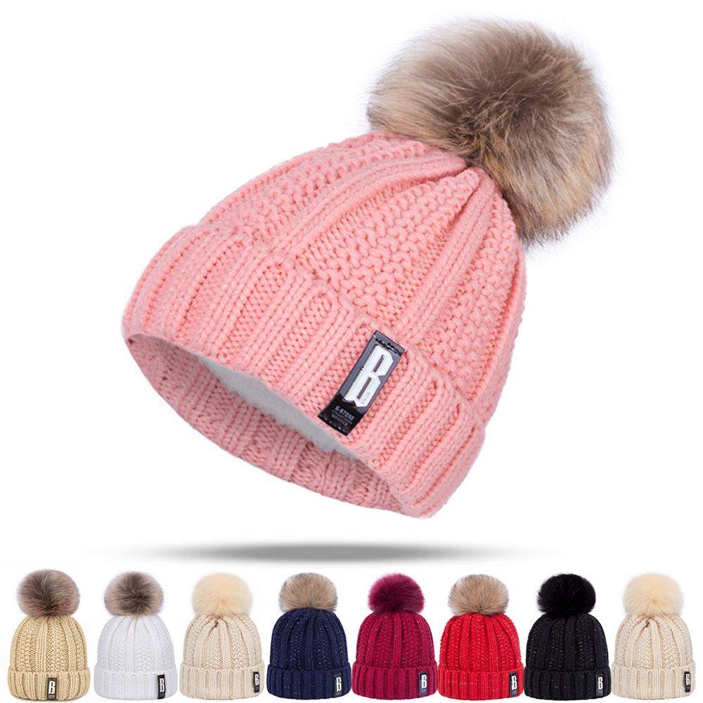 Winter baby muts meisje baby jongens katoen verdikt plus fluwelen muts kinderen pompon muts warme gebreide kindermuts