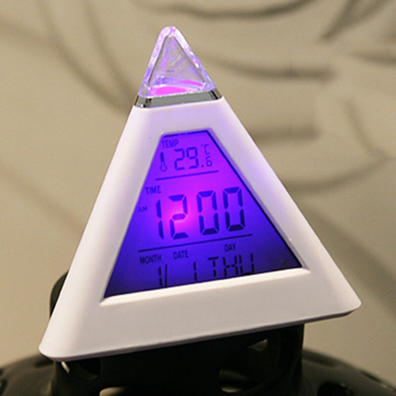 Heißer 7 LED Heimat Sekretariat Schreibtisch Pyramide Digitale Hintergrundbeleuchtung Farbe Ständig Wechselnden Tisch Wecker Thermometer LED Anzeige