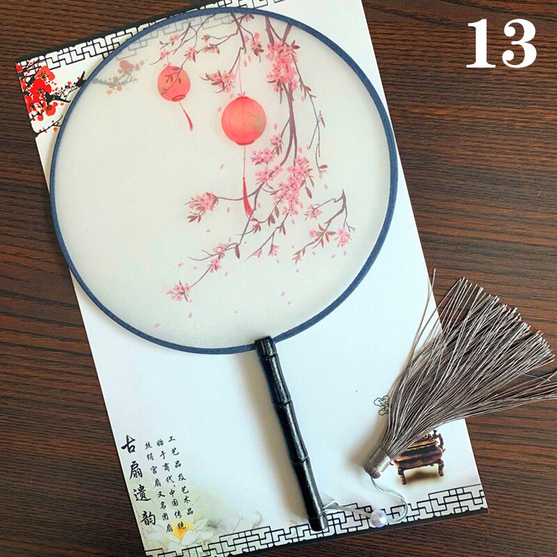 Hanfu Circular Fans Vintage Tassel Long Handle Ancient Chinese Style Court Dancing Round Fan Classical Printed Wedding Round Fan: 13