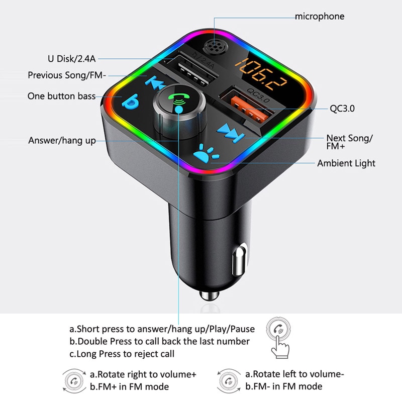 JaJaBor FM Transmitter Bluetooth Car Kit Bass Stereo MP3 Player with LED Atmosohere Light Wireless Handsfree QC3.0 Quick Charge