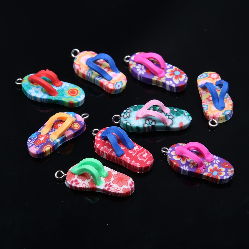 10pcs Soft Ceramics Polymer Clay Flip Flop Charms Pendants Ornament Decoration Jewelry Making Necklace DIY