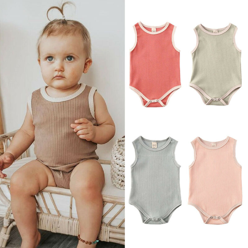 Combinaison en coton doux pour bébés 0-24M | Tenue d'été sans manches, solide, pour garçons et filles, combinaison une pièce,