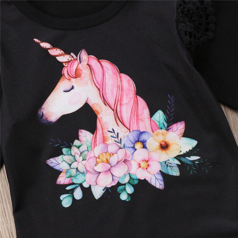 Neugeborenes Baby Mädchen Langarm Rüschen Einhorn Bodysuitoverall Nette Kleidung Kräuseln Outfits