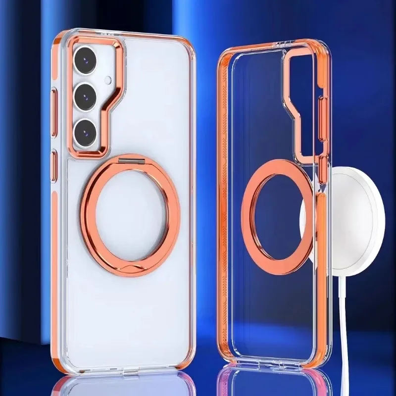 Magnetische Saugnapf-Handyhülle mit drehbarer Halterung für Samsung Galaxis S24 S23 Ultra Plus, transparente, stoßfeste Kunststoff-Konservierungsabdeckung: Eva / Orange