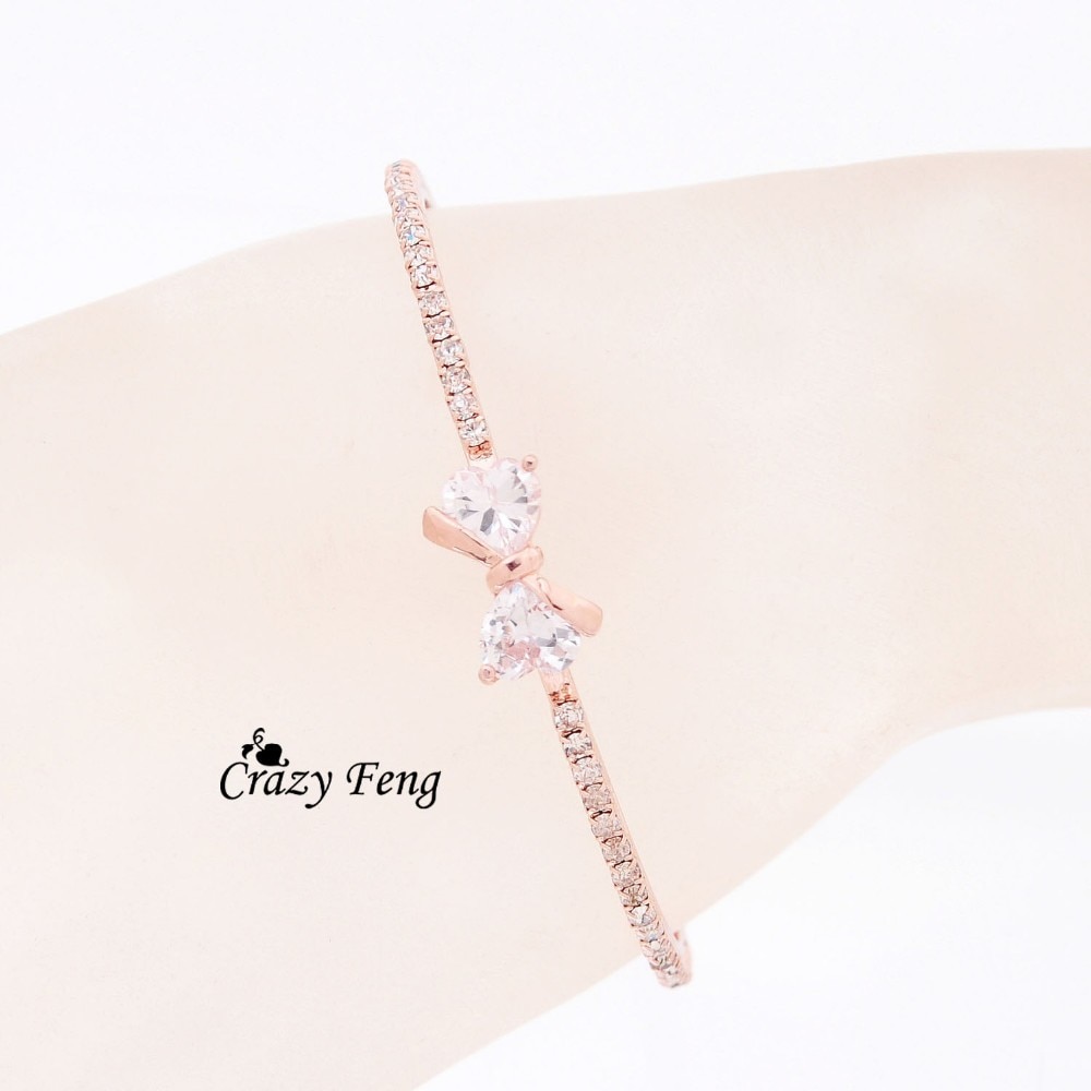 CZ Crystal Bowknot Charms Bracelets & Bangles for Women Rose Gold Color Wedding Party Bangles Jewelry pulseira feminina