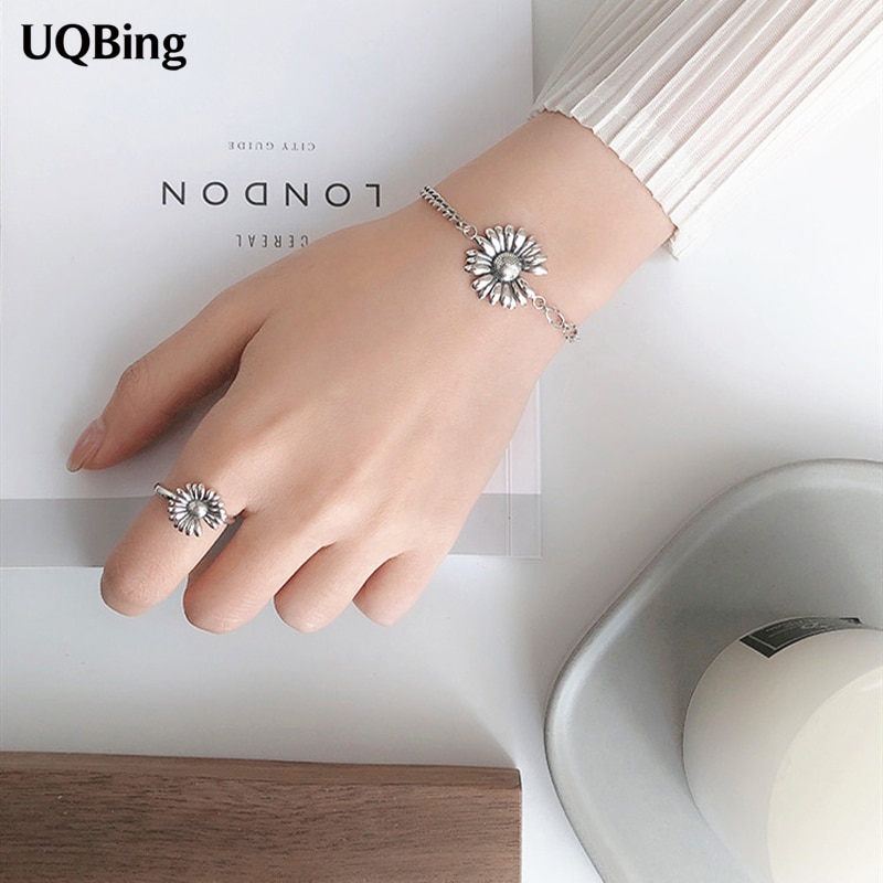 Plata de Ley 925 con estilo coreano Retro brazaletes de girasol las mujeres pulseras de cadena de eslabones de joyería al por mayor