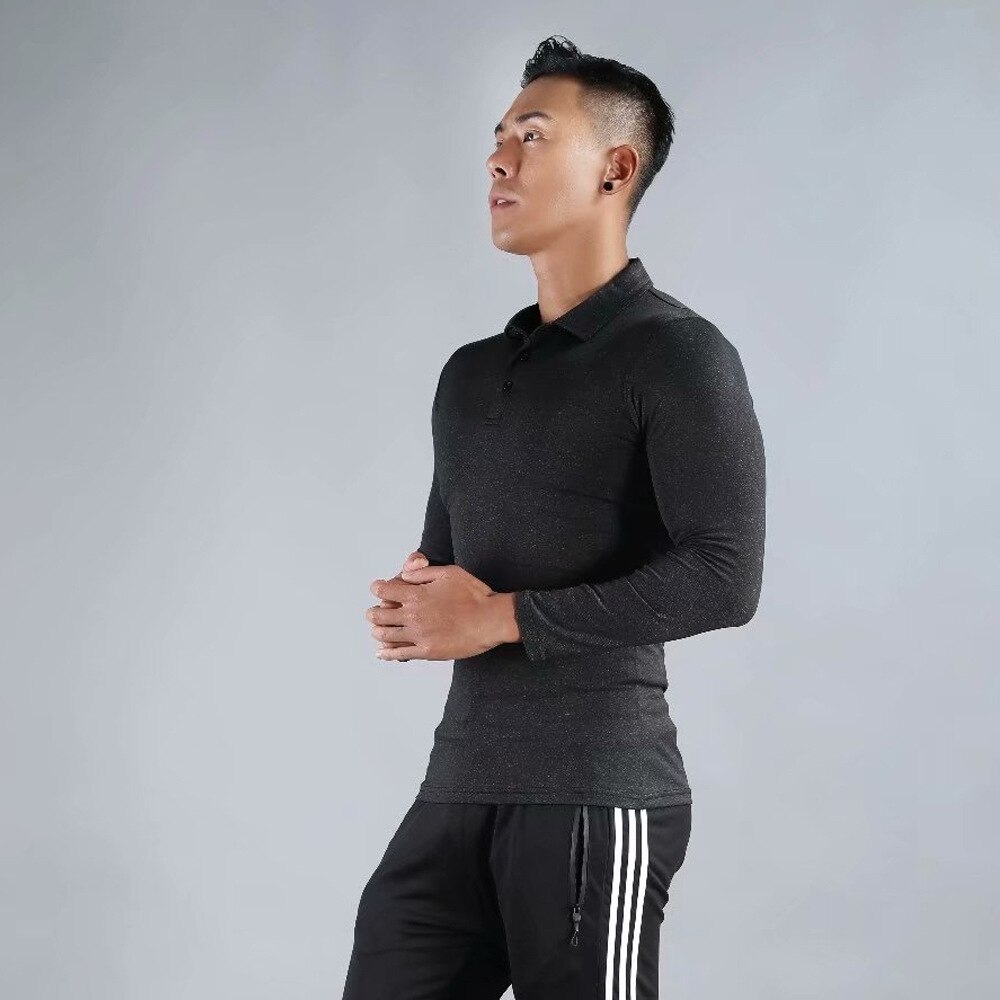 Automne Polo hommes à manches longues respirant Sport Fitness gymnase t-shirt solide mince en cours d'exécution séchage rapide entraînement Polo hauts