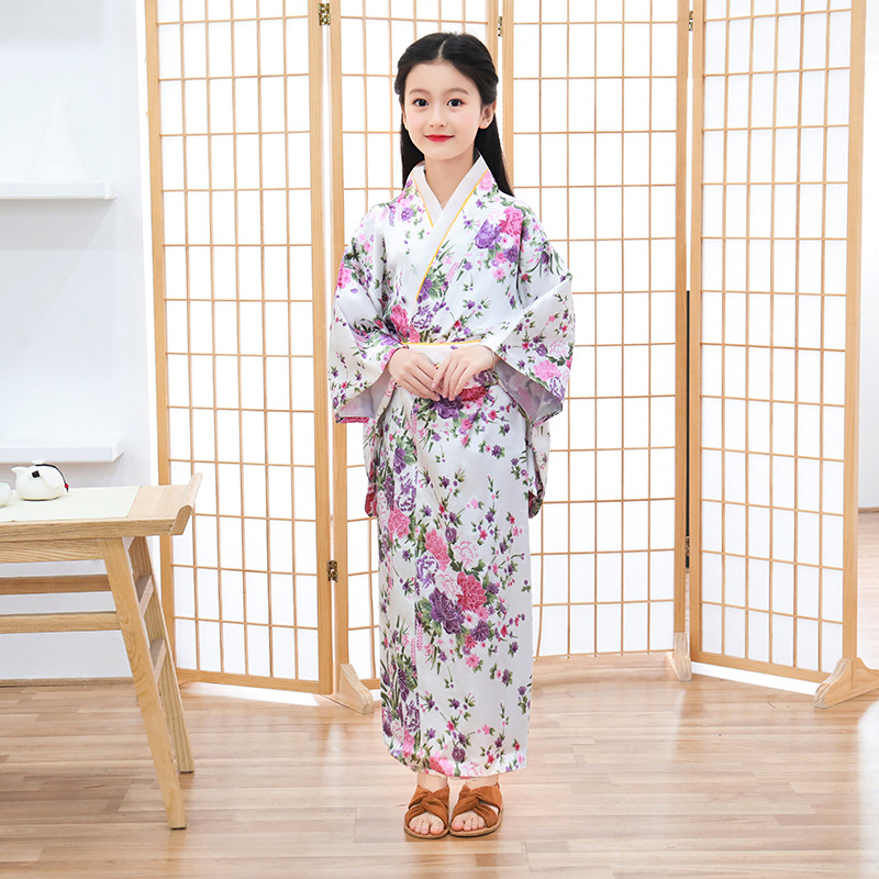Mädchen Kind Japan Kimono Kleid Traditioneller Haori Yukata Bademantel Satin Luxus Orientalischer Bademantel mit Obi Kinder Cosplay Kleid: S / Grau