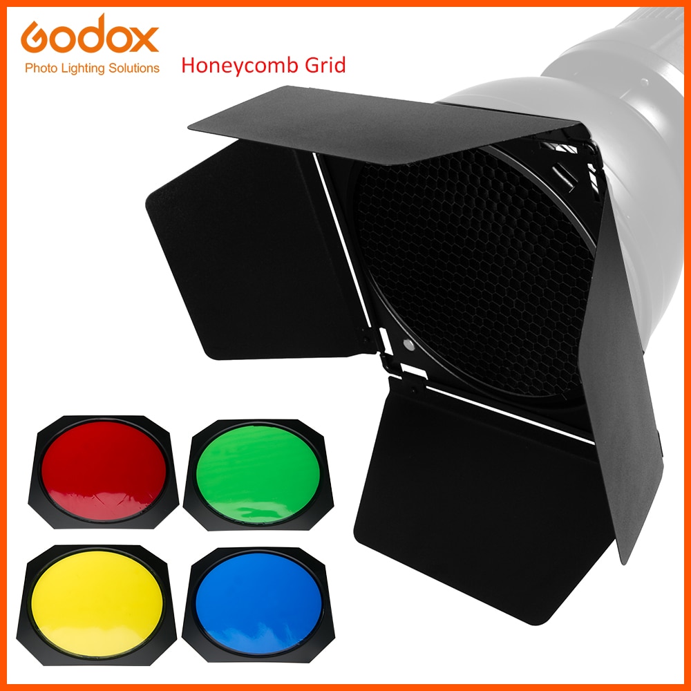 Godox BD-04 Scheune Tür + Bienenwabe Netz + 4 Farbe Filter für Standard Reflektor Fotografie Studio-Zubehör