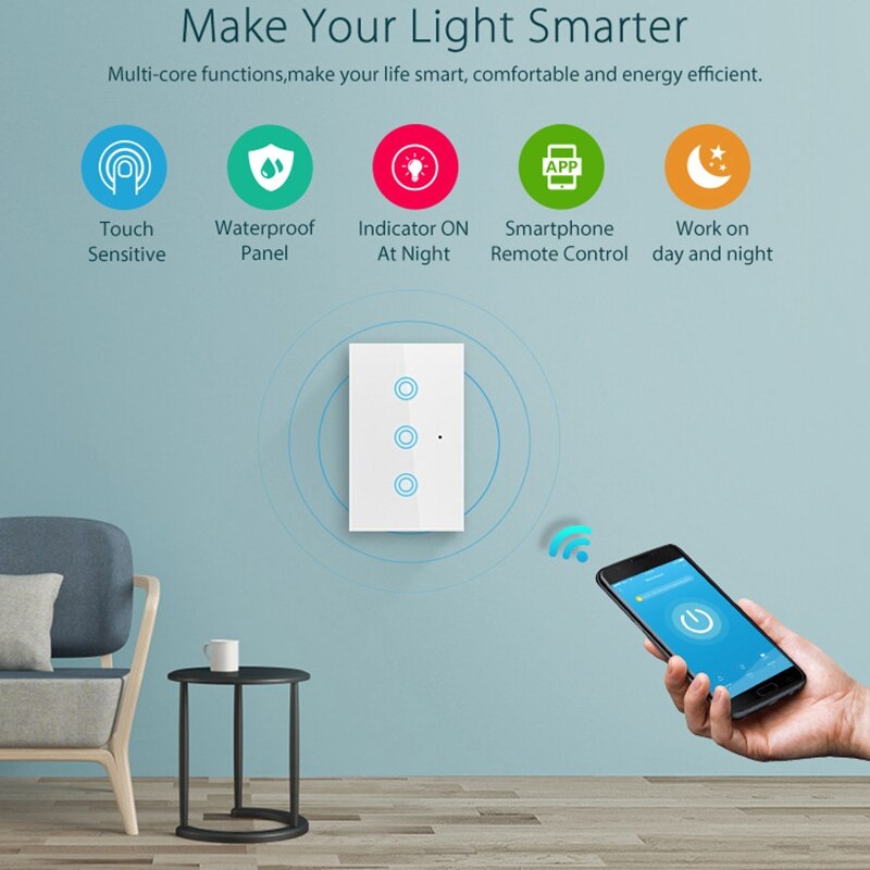 3Gang Press Switch Remote Control Smart Wifi Wall Light Switch Smart Life Tuya APP Work with Alexa Echo Google Home US Plug