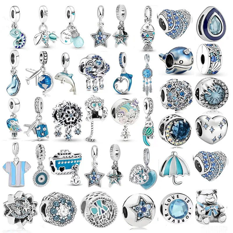 Abalorio de estrella de corazón para mujer, Pulsera Original, joyería de , azul, Océano, Tortuga, pulpo, serie,