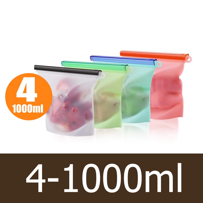 Reusable Silicone Food Storage Bag 1000ml 1500ml Kitchen Silicone Storage Bag Eco Ziplock Seal Freezer Bag Fresh Bags: 4-1000ml