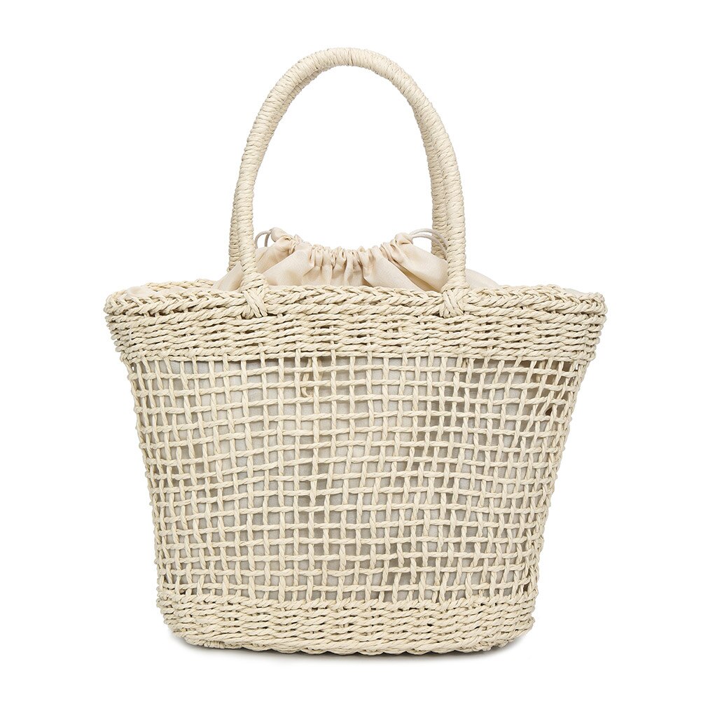 Women Hollow Retro Handbag Straw Woven Tote Large Capacity Summer Beach Shoulder Bag Party Shopping: White