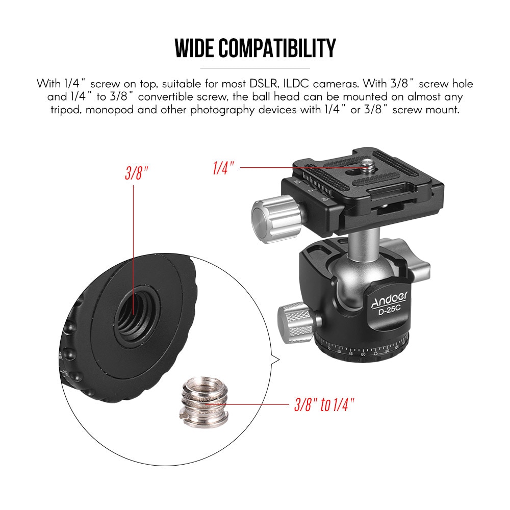 in Lega di Alluminio Andoer D-25C Cnc mini Testa Del Treppiede Ballhead Doppio tacca Testa a Sfera per canone Nikon Sony Dslr Ildc Fotocamere treppiede