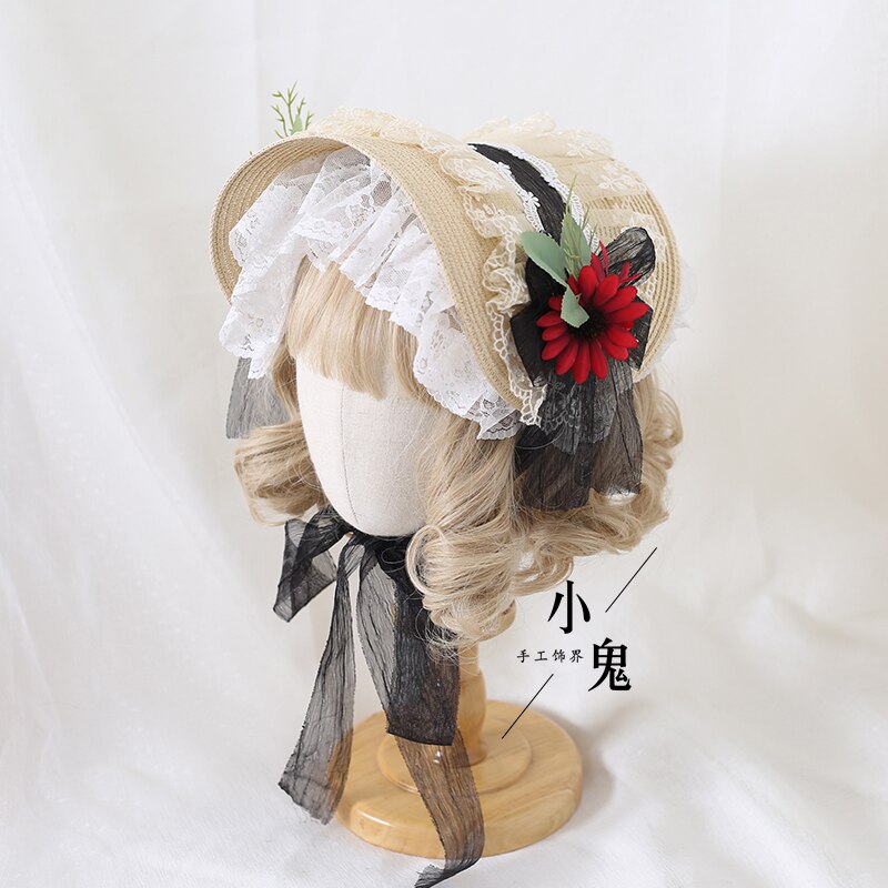 Multi-Color Lolita Flower Flat Hat Top Hat Flower Wedding Tea Party Pastoral Straw Hat Lace Han Yang Eclectic Summer: Khaki