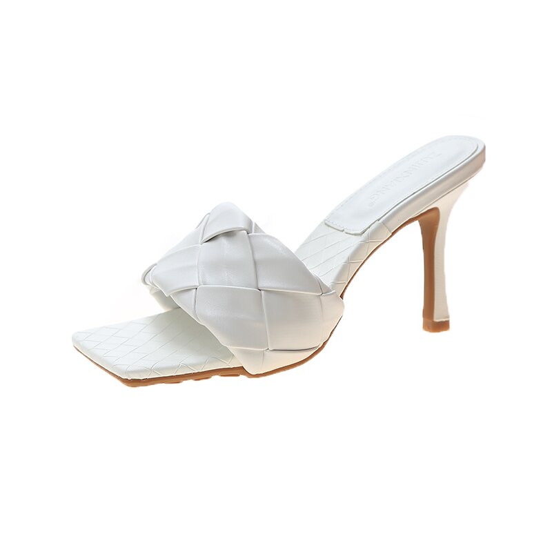 Galler pu läder höga klackar sommar peep toe skor dam tofflor utomhus rom festskor: Vit / 36