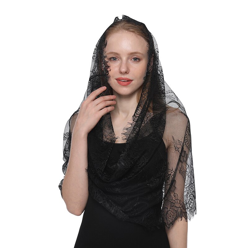 Wit Vrouwen Kanten Sjaal Voor Kerk Gebed Sjaal Geborduurde Kant Sluier Bloemen Christian Veils Spaanse Mantilla Kerk &#39;S Hanger: Round Tassel Black