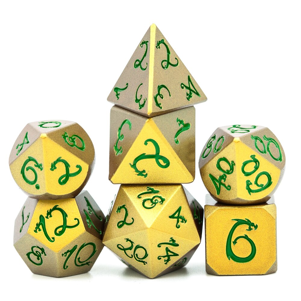 Cusdie Verfärbt Metall D & D Würfel mit Drachen Schrift, 7 Stck DND Würfel, polyedrisch Würfel einstellen, für Rolle Spielen Spiel MTG Pfadfinder: 02 Grün Zahlen