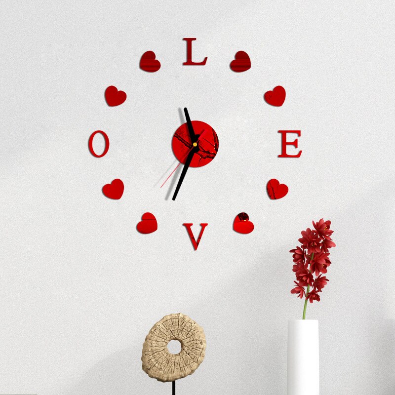 LOVE AND HEART Wall Clock 3D DIY Acrylic Mirror Stickers Clock Watch Living Room Bedroom Home Decor Large Silent Elreloj Mural