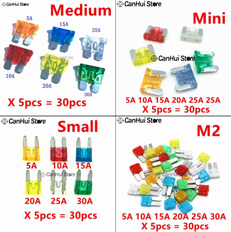 30 Uds 5A10A15A20A25A30A x 5 uds M2/Mini/pequeño/mediano juego de fusibles de coche Mini fusible de hoja estándar mixto para Auto camión barco automotriz