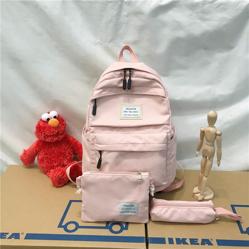 3 set Backpack Solid Color Casual Women Backpack Teenage Girl School Bag Student Girls Shoulder Bag Casual Mochilas: Pink 3piece