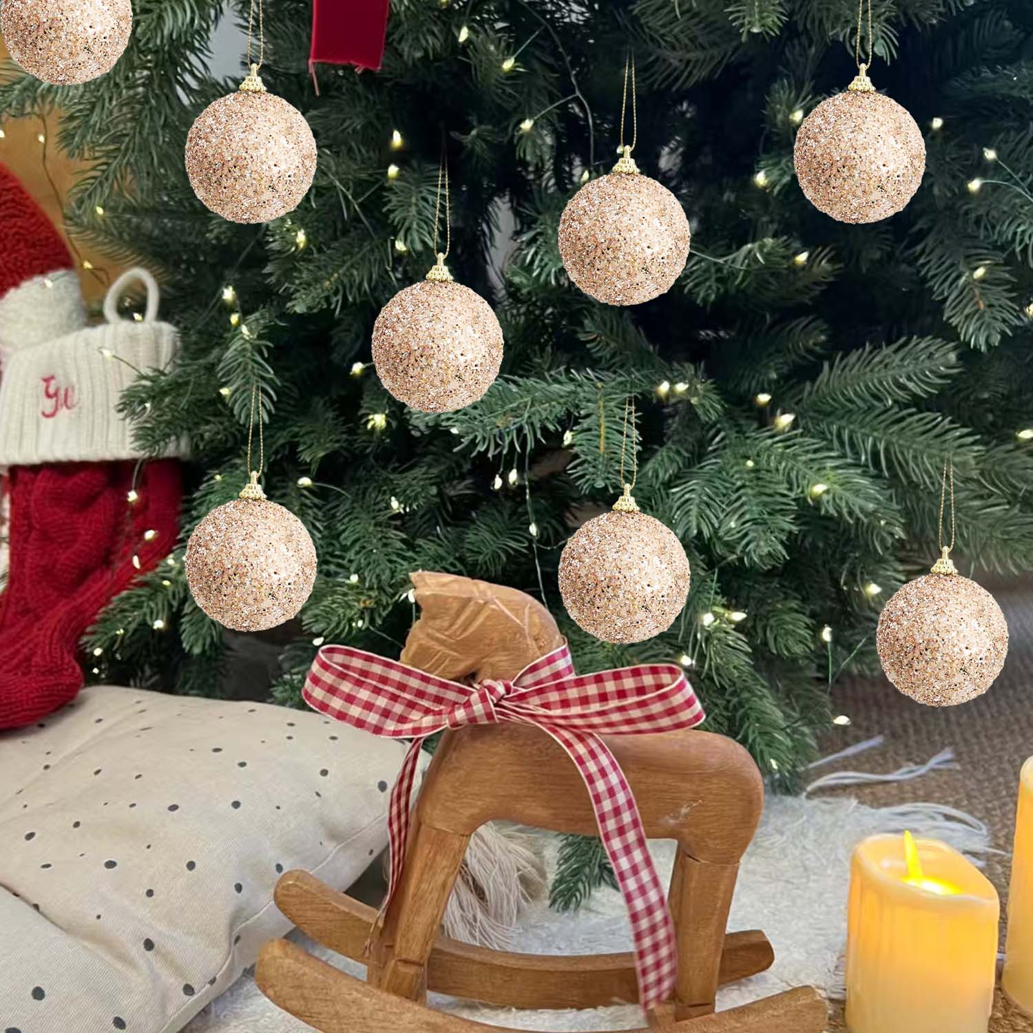 Large Christmas Balls Champagne Gold Glitter Christmas Sparkling Ball for Xmas Tree Hanging Pendants Party Decoration Ornaments