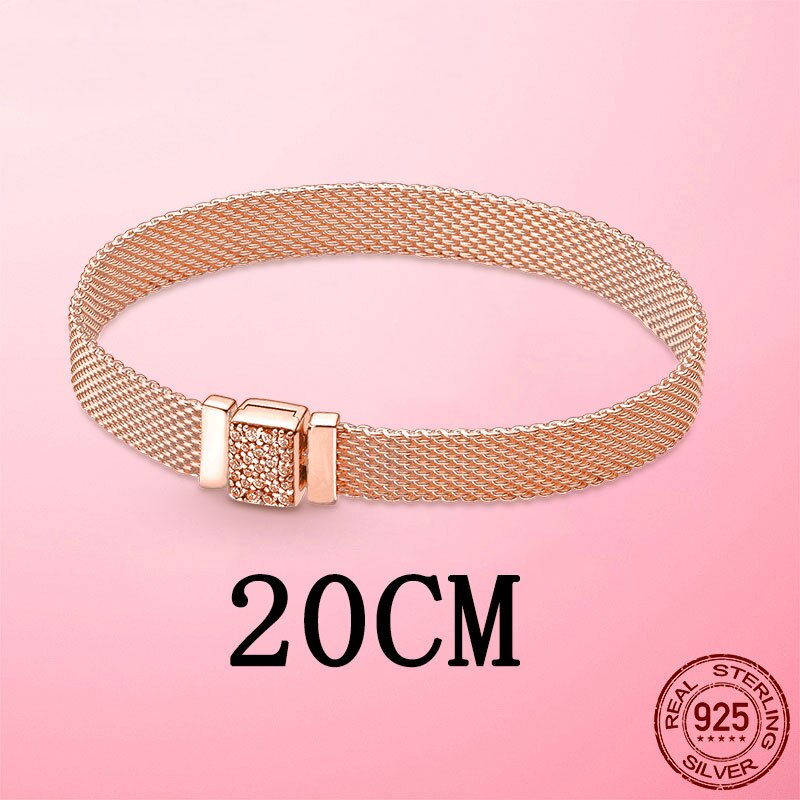 Silver Bracelet 925 Sterling Silver &amp; Rose Gold Cubic Zircon Clasp Reflection Bracelet for Women DIY Silver Jewelry: PTB025-20