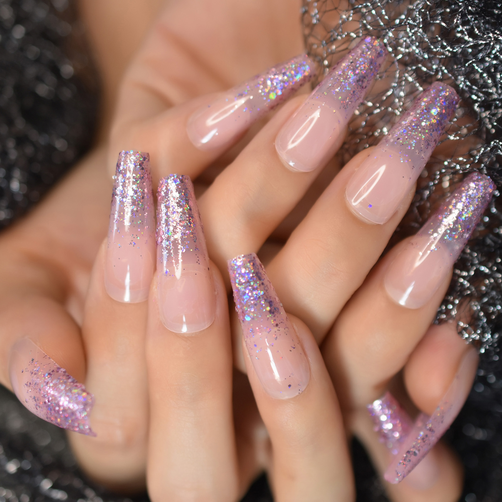 Extra Long Coffin Nail Translucent Pink Glitter Pre Designs Press On Full Cover Fingernail Manicure Tips Supplies