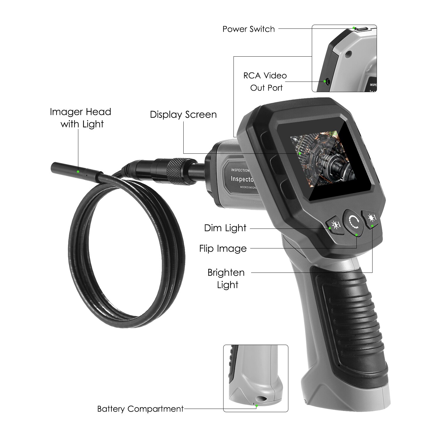 2.4" LCD Industrial Endoscope Borescope with 2.4-inch Screen 4 LED Lights Inspection Camera with CMOS Sensor Borescope