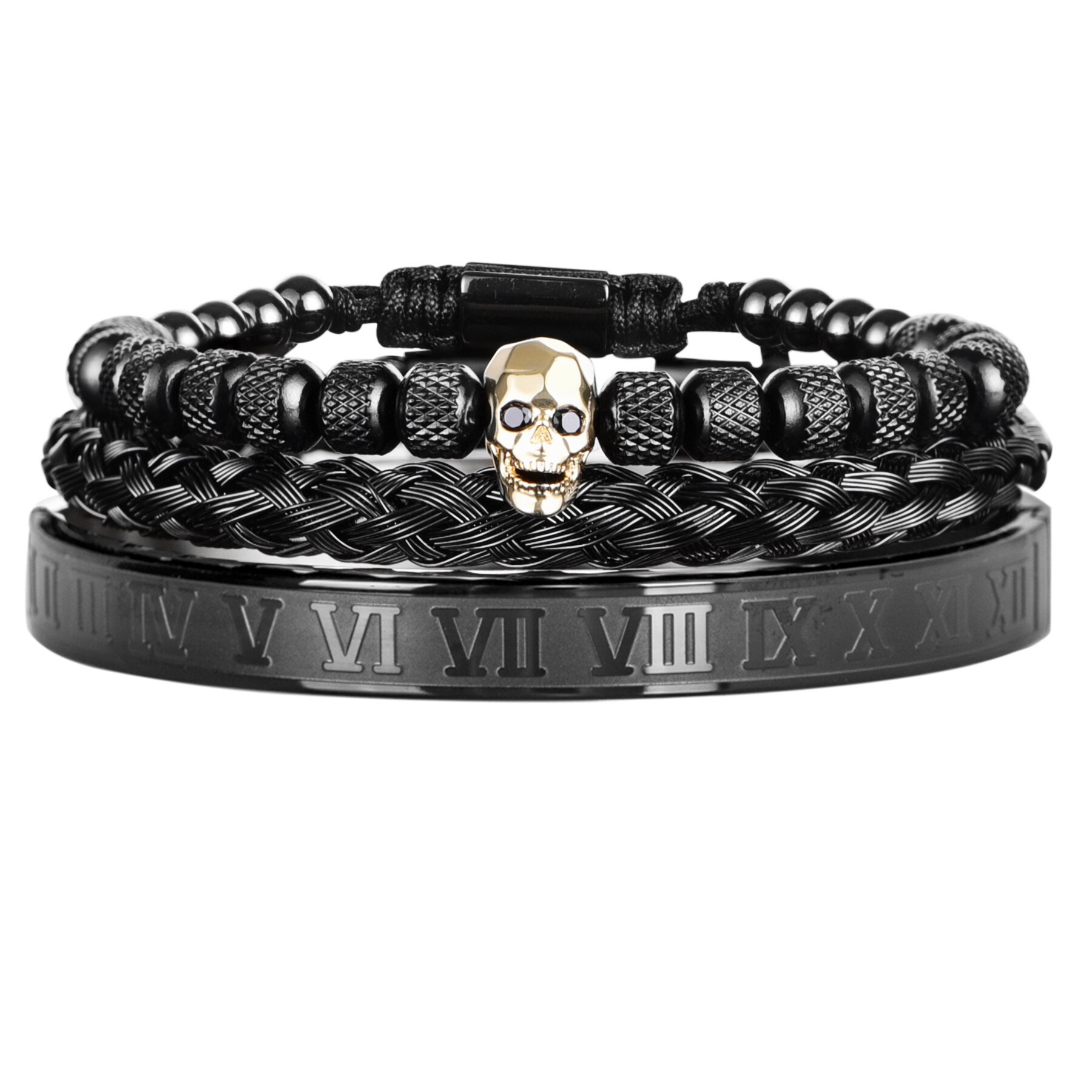 Conjunto de 3 unids/set de pulseras de acero inoxidable para hombre, Set de 3 unids/set de brazaletes con de Calavera, Oro Negro, esmalte, número romano, joyería europea para parejas: Black Gold Skull