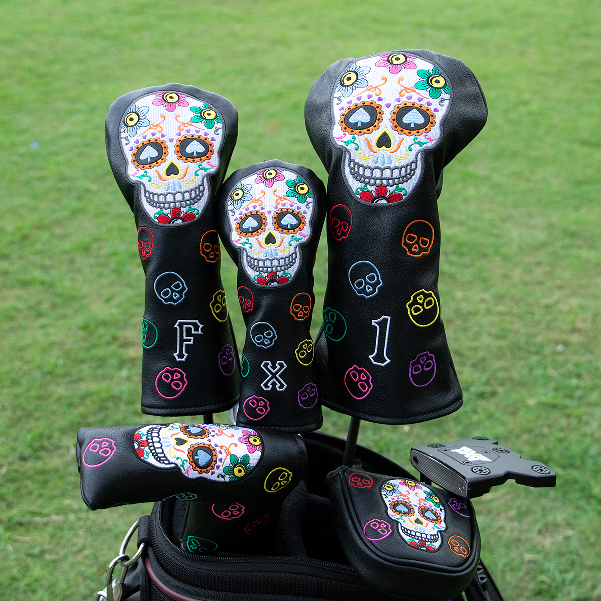 Golfklubbsskydd,  #1 #3 #5 st träskydd, skulls, driver, fairway, hybrid, träskydd, svart pu-läder, premiumhuvud