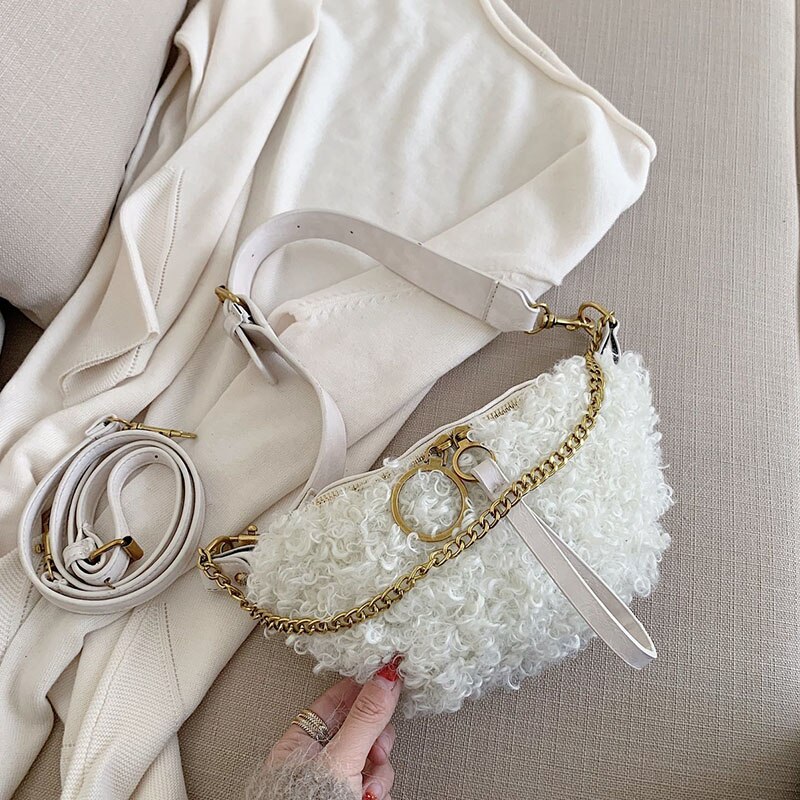 Bolso cruzado con cadena Vintage para mujer, bandolera de lana rizada de PU, con correas anchas para el día,: White