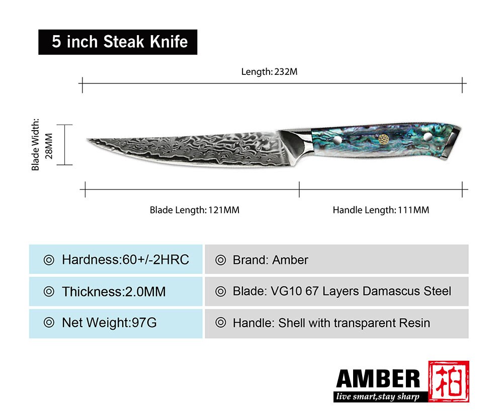 Amber Damascus Mes Professionele Keuken Chef Utility Santoku Steak Uitbenen Cleaver Messen Japanse Mes Abalone Shell Handvat: Steak