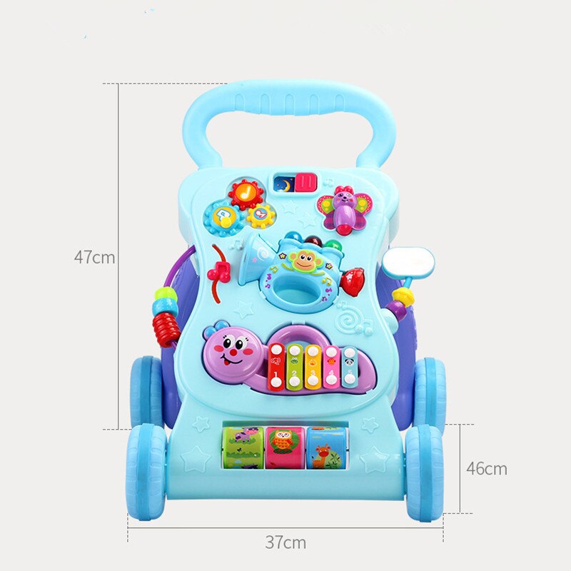 Baby walker baby rollover prevention multifunktionell musikvagn för att lära sig stå baby walker leksak: Blå