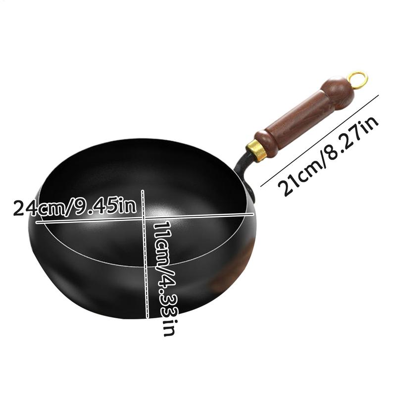 Chinese Flat Bottom frying pan Big Belly Non-stick Pan Without Coating Deep Iron Pot with Wooden pot lid 24cm Diameter Stir-Fry