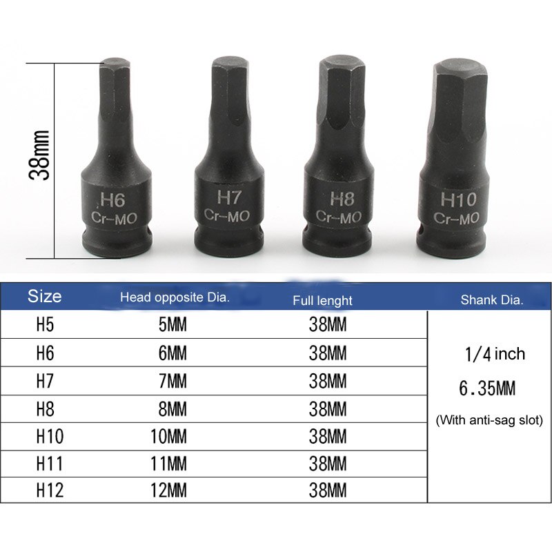 (1 PC) pneumatische 1/4 "Hex Drive Impact Hexagon Hoofd Bit Socket H5 H6 H7 H8 10 H10 H11 H12 38mm lengte